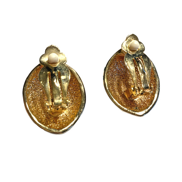 Vintage 80’s Clip On Earrings Chunky Fashion Gold & Teal Green Enamel Oval Domes - Picture 3 of 7